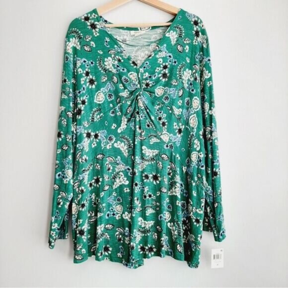 STYLE & CO. New - Green Floral Front Knot Long Sleeve Top  Sz 3X - Picture 2 of 8
